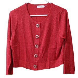 Calvin Klein Red Metallic Cropped Cardigan Sweater LG